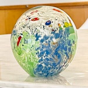 Handblown Multicolor Glass Art Sphere - Green Blue White